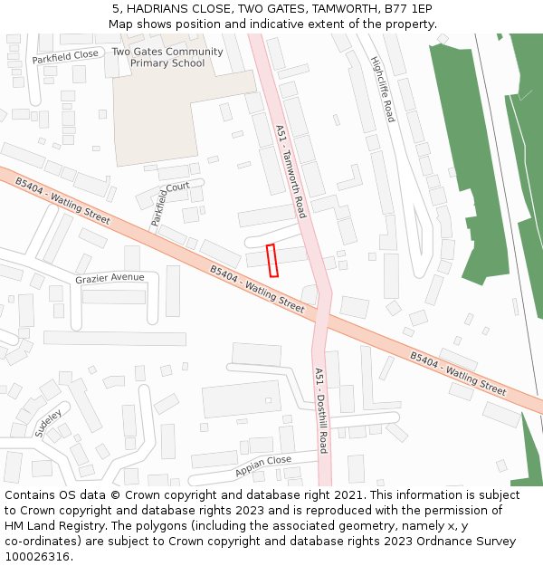 5, HADRIANS CLOSE, TWO GATES, TAMWORTH, B77 1EP: Location map and indicative extent of plot