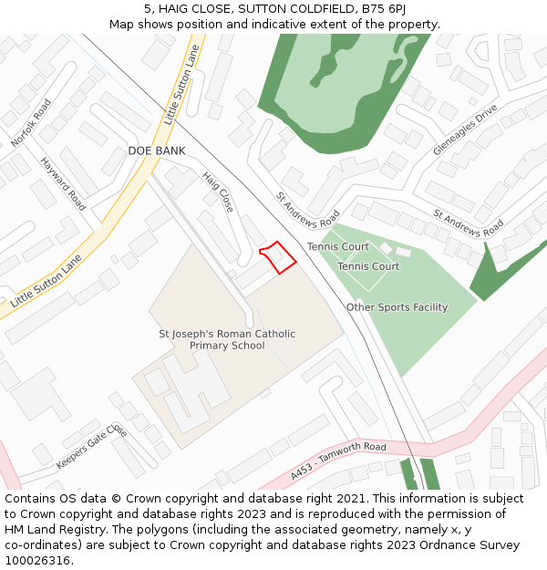 5, HAIG CLOSE, SUTTON COLDFIELD, B75 6PJ: Location map and indicative extent of plot