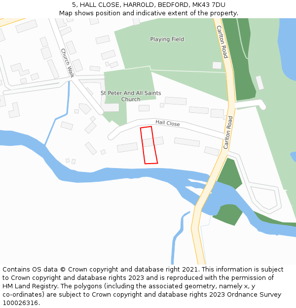 5, HALL CLOSE, HARROLD, BEDFORD, MK43 7DU: Location map and indicative extent of plot