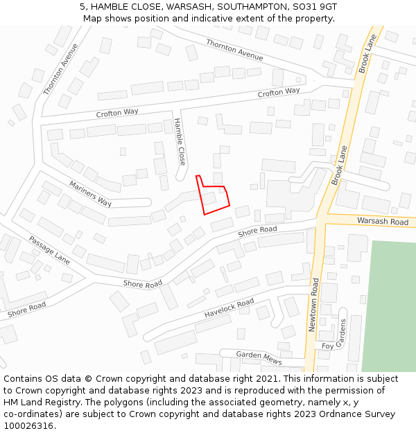 5, HAMBLE CLOSE, WARSASH, SOUTHAMPTON, SO31 9GT: Location map and indicative extent of plot