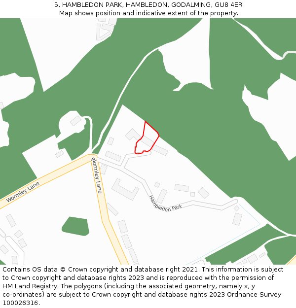 5, HAMBLEDON PARK, HAMBLEDON, GODALMING, GU8 4ER: Location map and indicative extent of plot