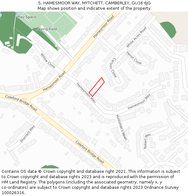 5, HAMESMOOR WAY, MYTCHETT, CAMBERLEY, GU16 6JG: Location map and indicative extent of plot