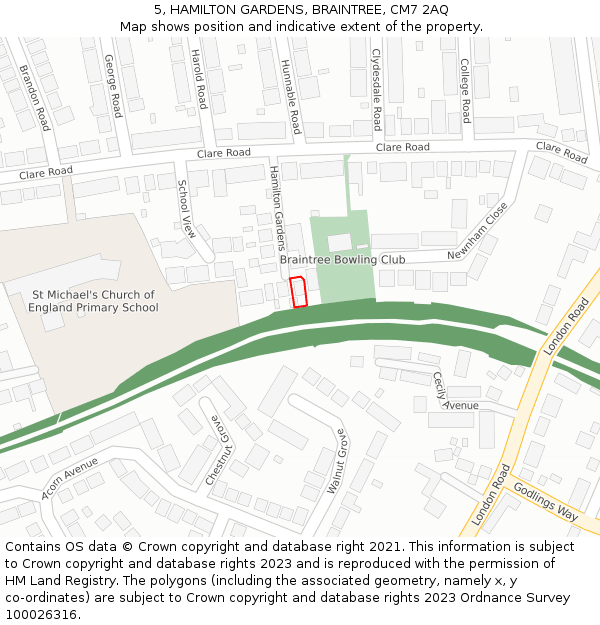 5, HAMILTON GARDENS, BRAINTREE, CM7 2AQ: Location map and indicative extent of plot