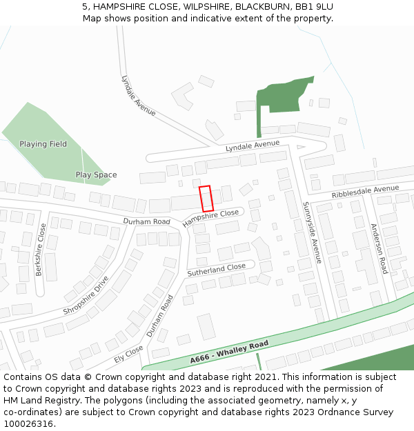 5, HAMPSHIRE CLOSE, WILPSHIRE, BLACKBURN, BB1 9LU: Location map and indicative extent of plot