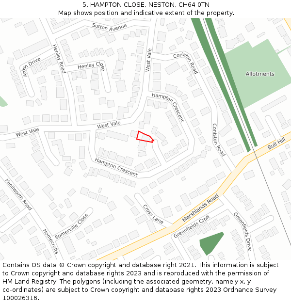 5, HAMPTON CLOSE, NESTON, CH64 0TN: Location map and indicative extent of plot