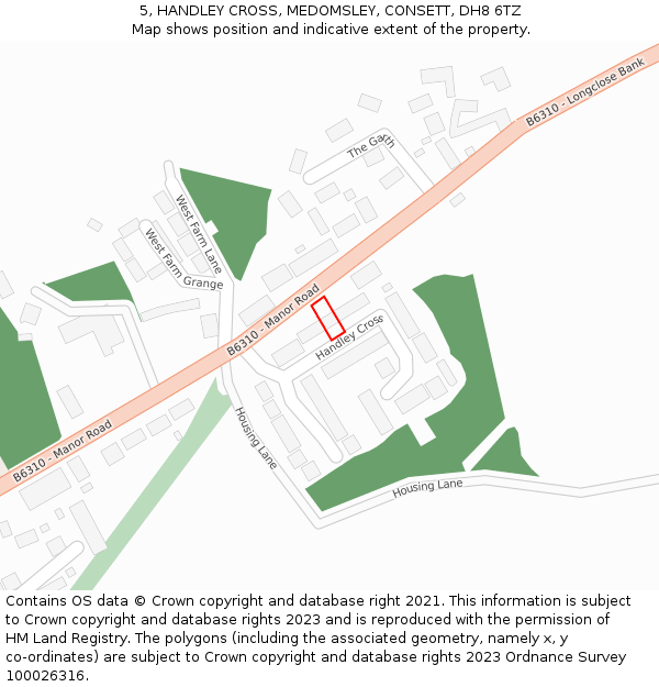 5, HANDLEY CROSS, MEDOMSLEY, CONSETT, DH8 6TZ: Location map and indicative extent of plot