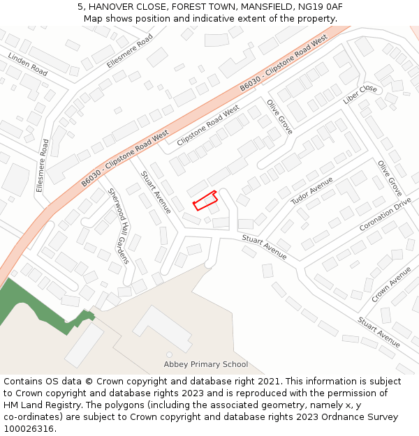 5, HANOVER CLOSE, FOREST TOWN, MANSFIELD, NG19 0AF: Location map and indicative extent of plot