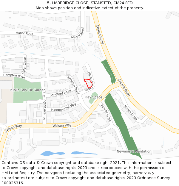 5, HARBRIDGE CLOSE, STANSTED, CM24 8FD: Location map and indicative extent of plot