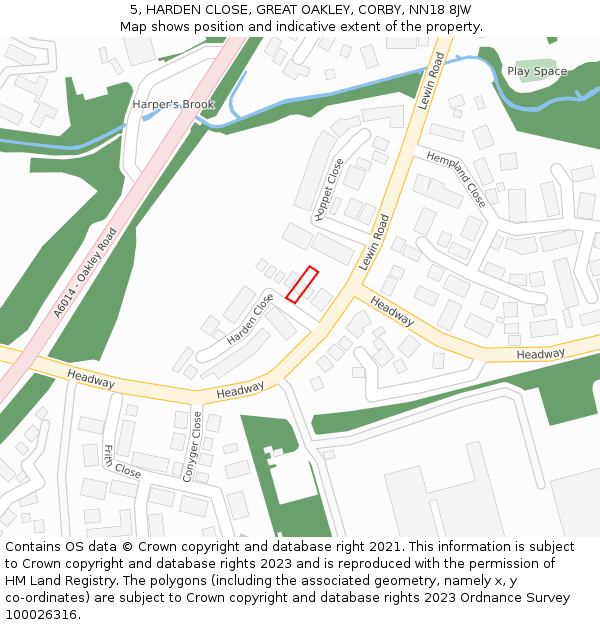 5, HARDEN CLOSE, GREAT OAKLEY, CORBY, NN18 8JW: Location map and indicative extent of plot