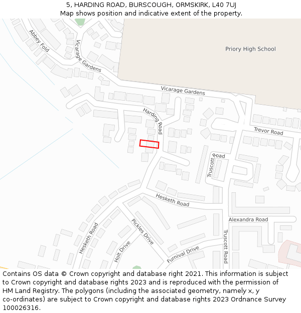 5, HARDING ROAD, BURSCOUGH, ORMSKIRK, L40 7UJ: Location map and indicative extent of plot