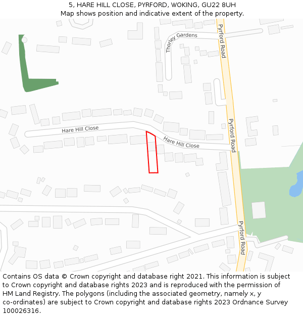 5, HARE HILL CLOSE, PYRFORD, WOKING, GU22 8UH: Location map and indicative extent of plot