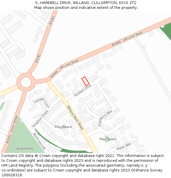 5, HAREBELL DRIVE, WILLAND, CULLOMPTON, EX15 2TZ: Location map and indicative extent of plot