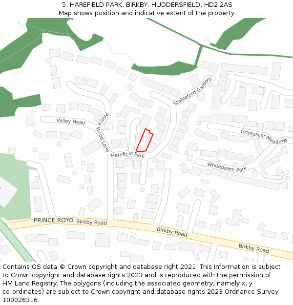 5, HAREFIELD PARK, BIRKBY, HUDDERSFIELD, HD2 2AS: Location map and indicative extent of plot