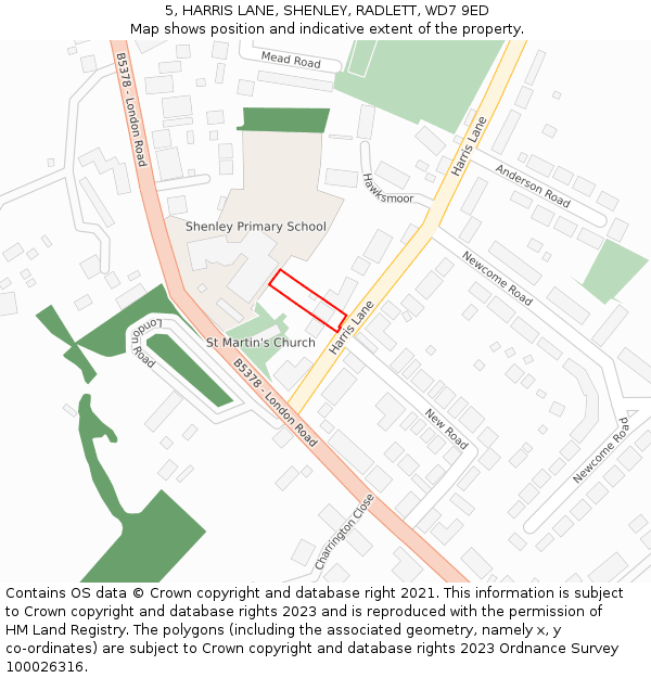 5, HARRIS LANE, SHENLEY, RADLETT, WD7 9ED: Location map and indicative extent of plot