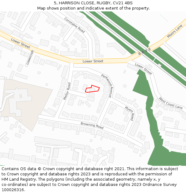 5, HARRISON CLOSE, RUGBY, CV21 4BS: Location map and indicative extent of plot