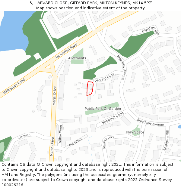 5, HARVARD CLOSE, GIFFARD PARK, MILTON KEYNES, MK14 5PZ: Location map and indicative extent of plot