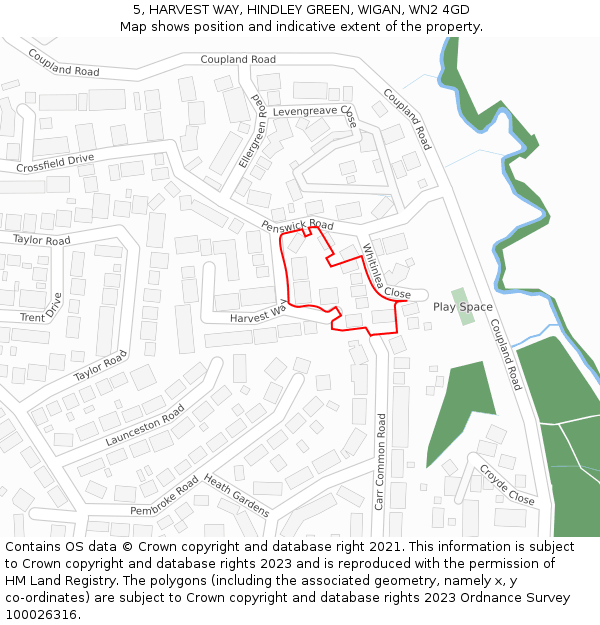 5, HARVEST WAY, HINDLEY GREEN, WIGAN, WN2 4GD: Location map and indicative extent of plot