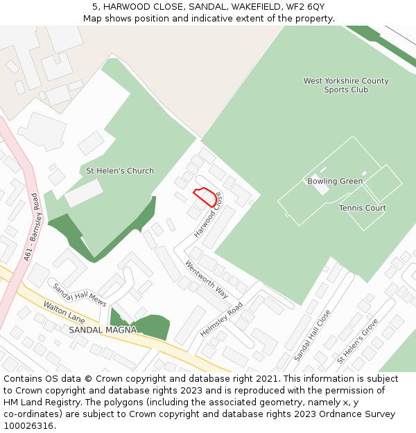 5, HARWOOD CLOSE, SANDAL, WAKEFIELD, WF2 6QY: Location map and indicative extent of plot