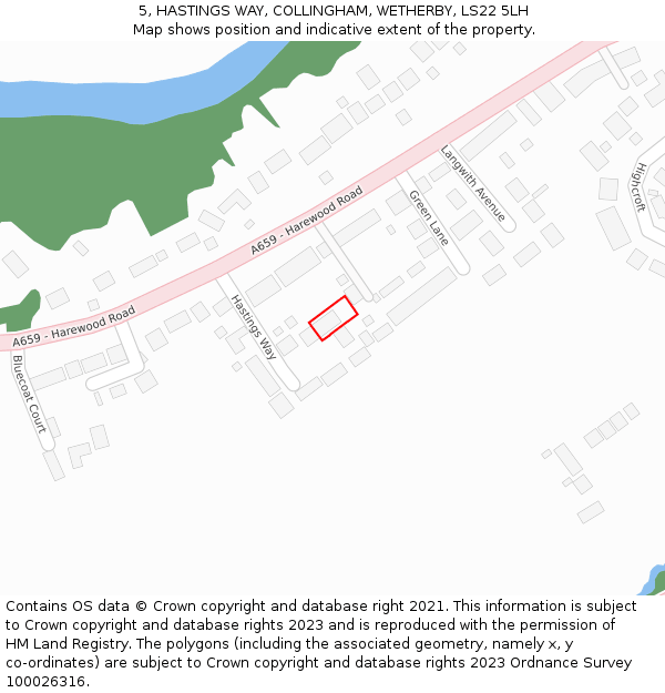 5, HASTINGS WAY, COLLINGHAM, WETHERBY, LS22 5LH: Location map and indicative extent of plot