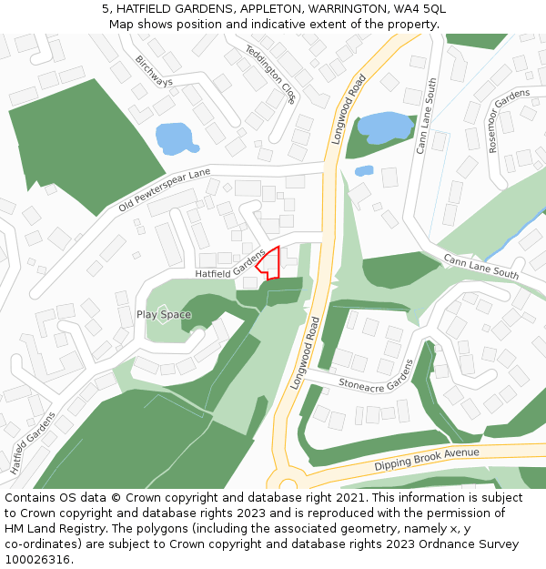 5, HATFIELD GARDENS, APPLETON, WARRINGTON, WA4 5QL: Location map and indicative extent of plot