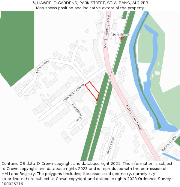 5, HAWFIELD GARDENS, PARK STREET, ST. ALBANS, AL2 2PB: Location map and indicative extent of plot