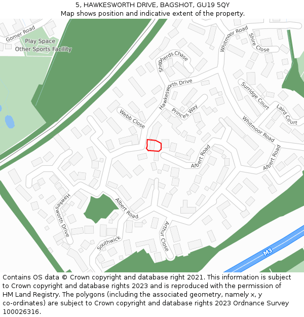 5, HAWKESWORTH DRIVE, BAGSHOT, GU19 5QY: Location map and indicative extent of plot