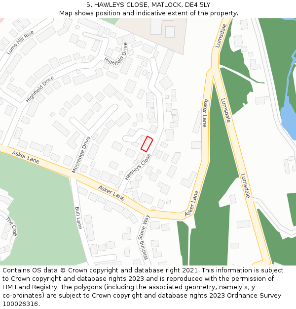 5, HAWLEYS CLOSE, MATLOCK, DE4 5LY: Location map and indicative extent of plot