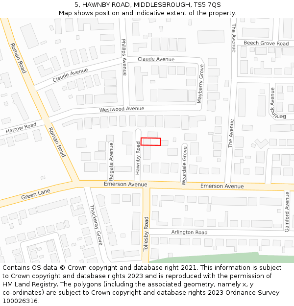 5, HAWNBY ROAD, MIDDLESBROUGH, TS5 7QS: Location map and indicative extent of plot