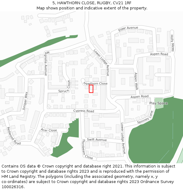 5, HAWTHORN CLOSE, RUGBY, CV21 1RF: Location map and indicative extent of plot