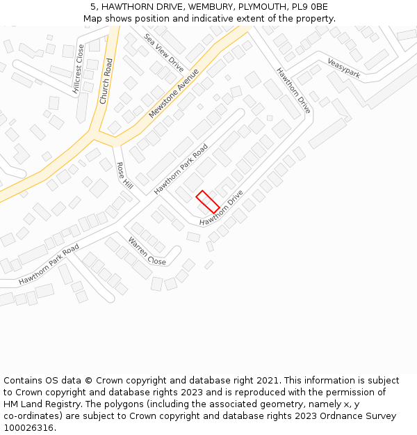 5, HAWTHORN DRIVE, WEMBURY, PLYMOUTH, PL9 0BE: Location map and indicative extent of plot