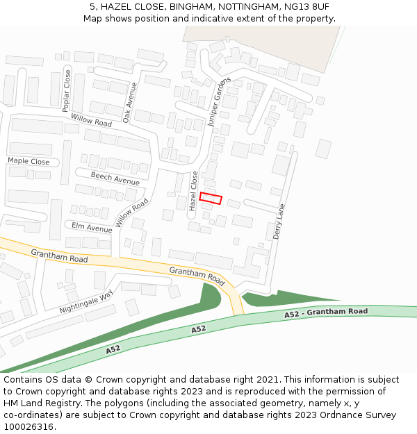 5, HAZEL CLOSE, BINGHAM, NOTTINGHAM, NG13 8UF: Location map and indicative extent of plot