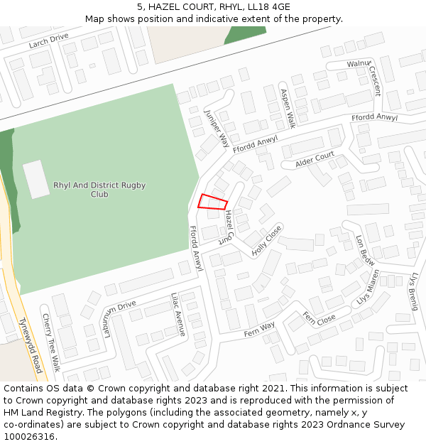 5, HAZEL COURT, RHYL, LL18 4GE: Location map and indicative extent of plot