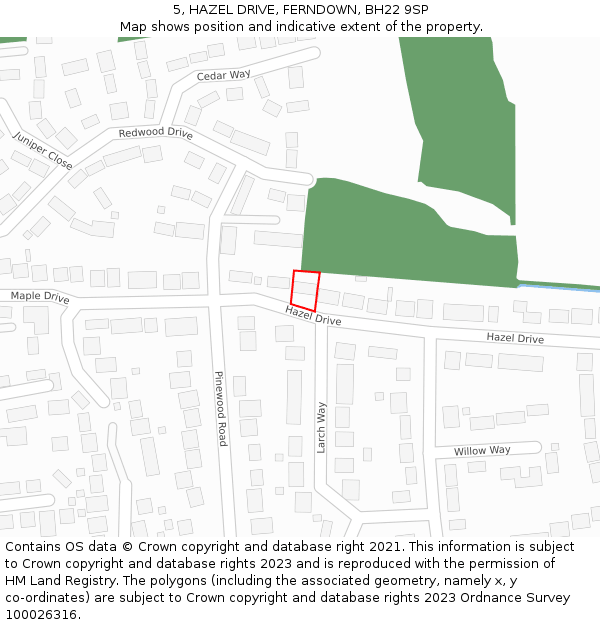 5, HAZEL DRIVE, FERNDOWN, BH22 9SP: Location map and indicative extent of plot