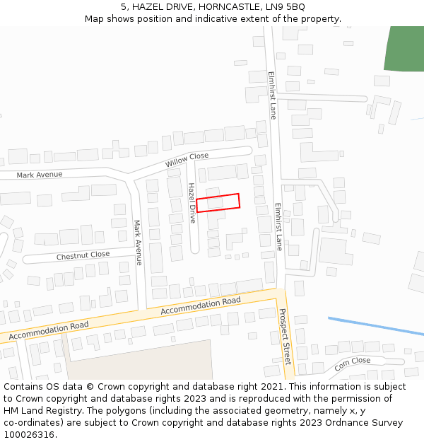 5, HAZEL DRIVE, HORNCASTLE, LN9 5BQ: Location map and indicative extent of plot