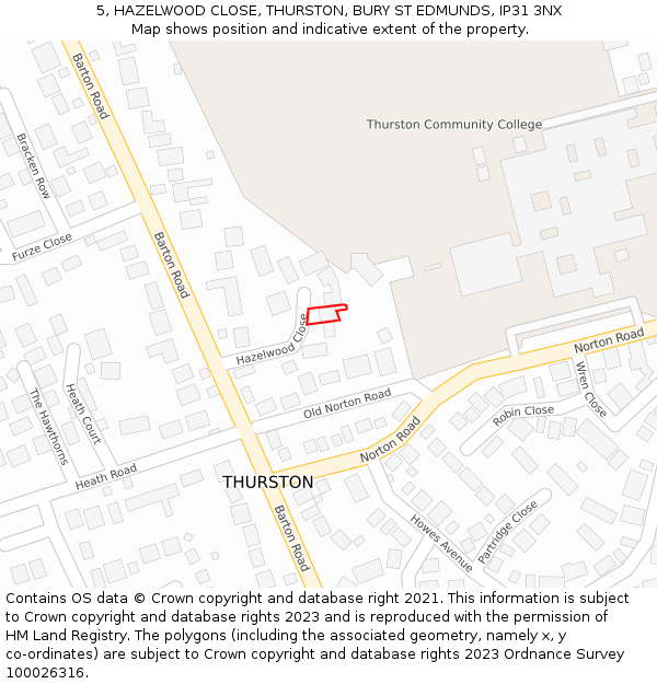 5, HAZELWOOD CLOSE, THURSTON, BURY ST EDMUNDS, IP31 3NX: Location map and indicative extent of plot