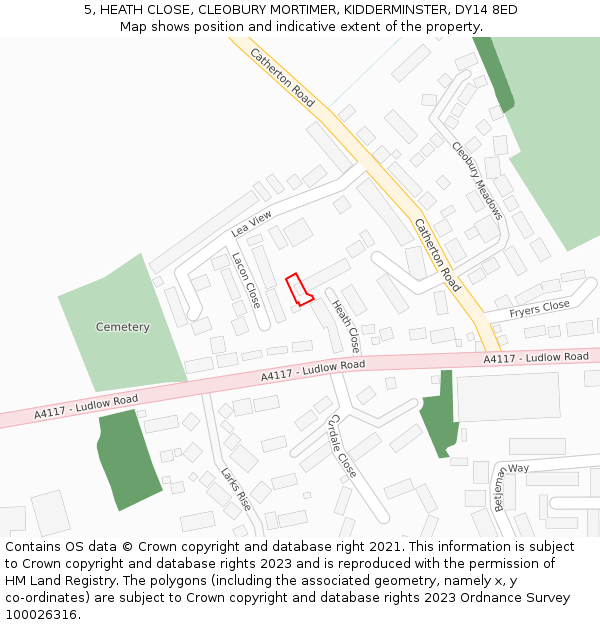 5, HEATH CLOSE, CLEOBURY MORTIMER, KIDDERMINSTER, DY14 8ED: Location map and indicative extent of plot