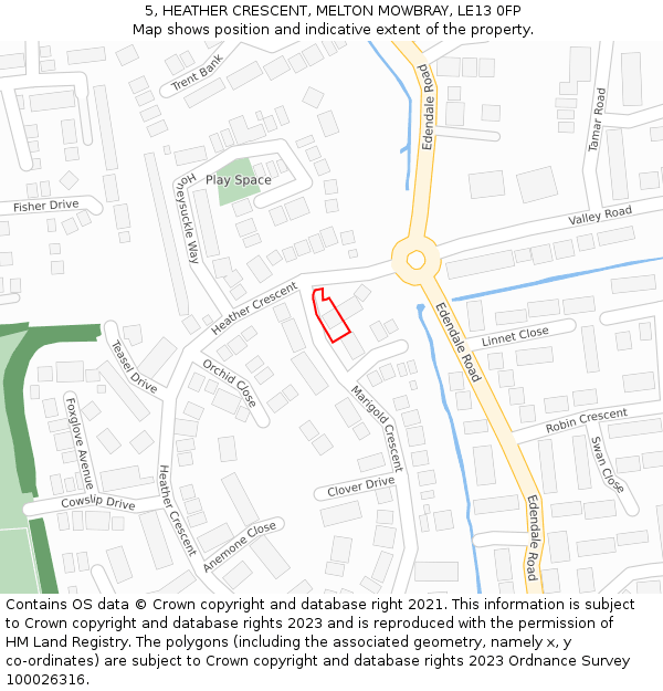 5, HEATHER CRESCENT, MELTON MOWBRAY, LE13 0FP: Location map and indicative extent of plot