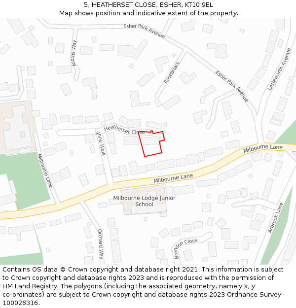 5, HEATHERSET CLOSE, ESHER, KT10 9EL: Location map and indicative extent of plot