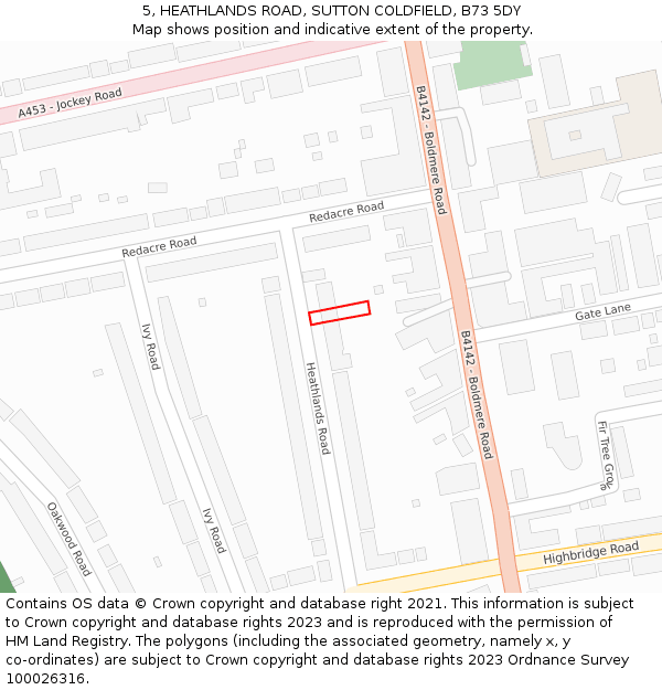 5, HEATHLANDS ROAD, SUTTON COLDFIELD, B73 5DY: Location map and indicative extent of plot