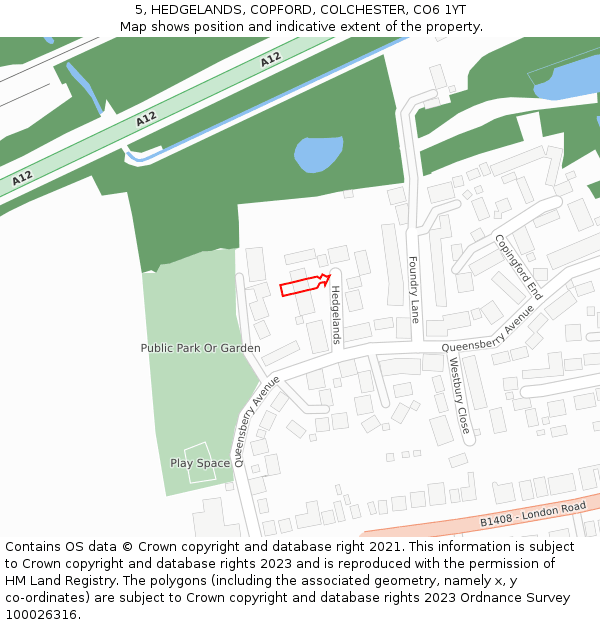 5, HEDGELANDS, COPFORD, COLCHESTER, CO6 1YT: Location map and indicative extent of plot