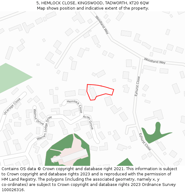 5, HEMLOCK CLOSE, KINGSWOOD, TADWORTH, KT20 6QW: Location map and indicative extent of plot