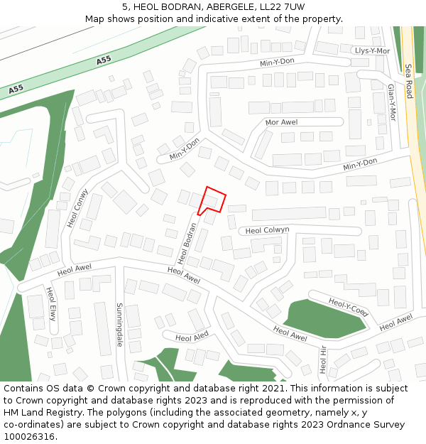 5, HEOL BODRAN, ABERGELE, LL22 7UW: Location map and indicative extent of plot