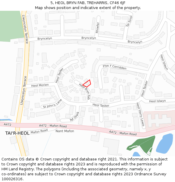 5, HEOL BRYN FAB, TREHARRIS, CF46 6JF: Location map and indicative extent of plot