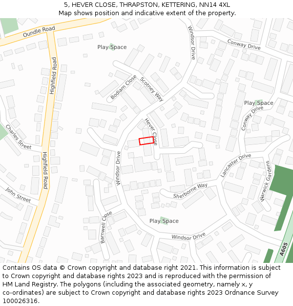 5, HEVER CLOSE, THRAPSTON, KETTERING, NN14 4XL: Location map and indicative extent of plot