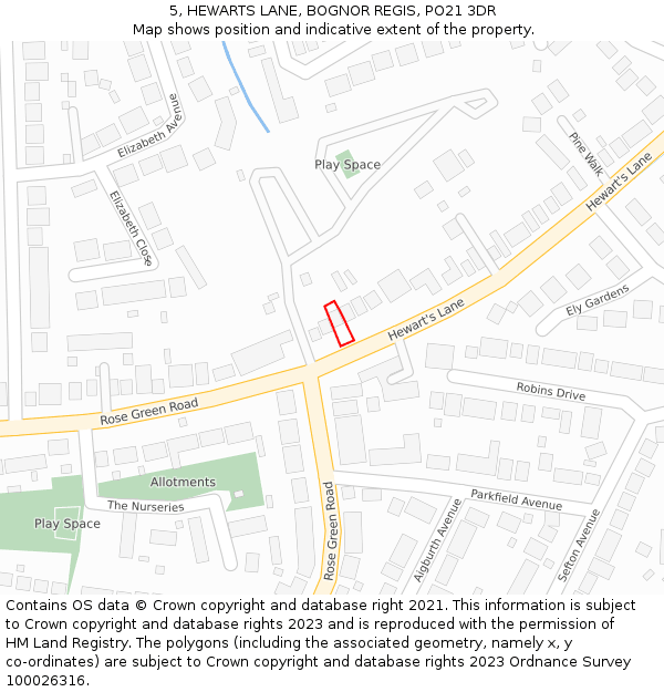 5, HEWARTS LANE, BOGNOR REGIS, PO21 3DR: Location map and indicative extent of plot