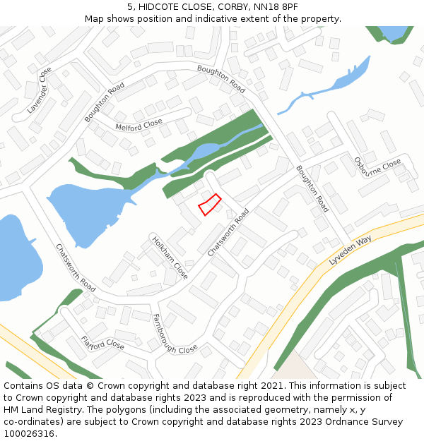 5, HIDCOTE CLOSE, CORBY, NN18 8PF: Location map and indicative extent of plot