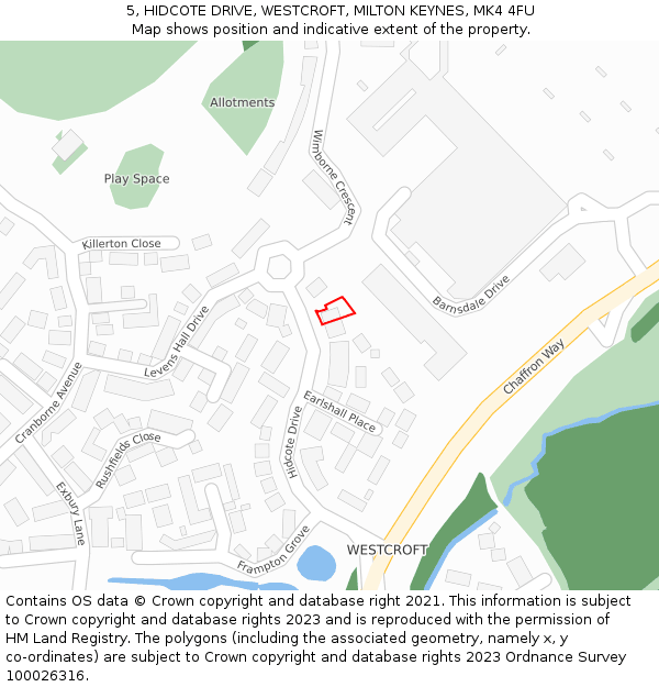 5, HIDCOTE DRIVE, WESTCROFT, MILTON KEYNES, MK4 4FU: Location map and indicative extent of plot