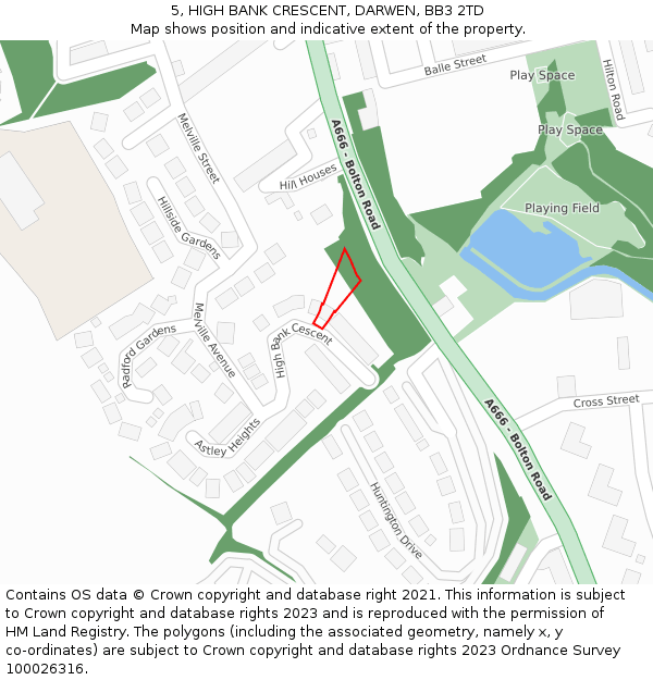 5, HIGH BANK CRESCENT, DARWEN, BB3 2TD: Location map and indicative extent of plot