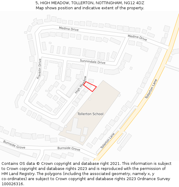 5, HIGH MEADOW, TOLLERTON, NOTTINGHAM, NG12 4DZ: Location map and indicative extent of plot