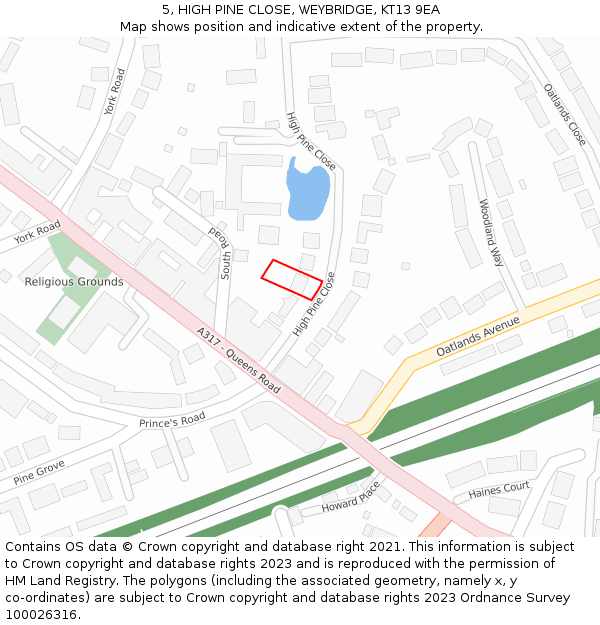 5, HIGH PINE CLOSE, WEYBRIDGE, KT13 9EA: Location map and indicative extent of plot